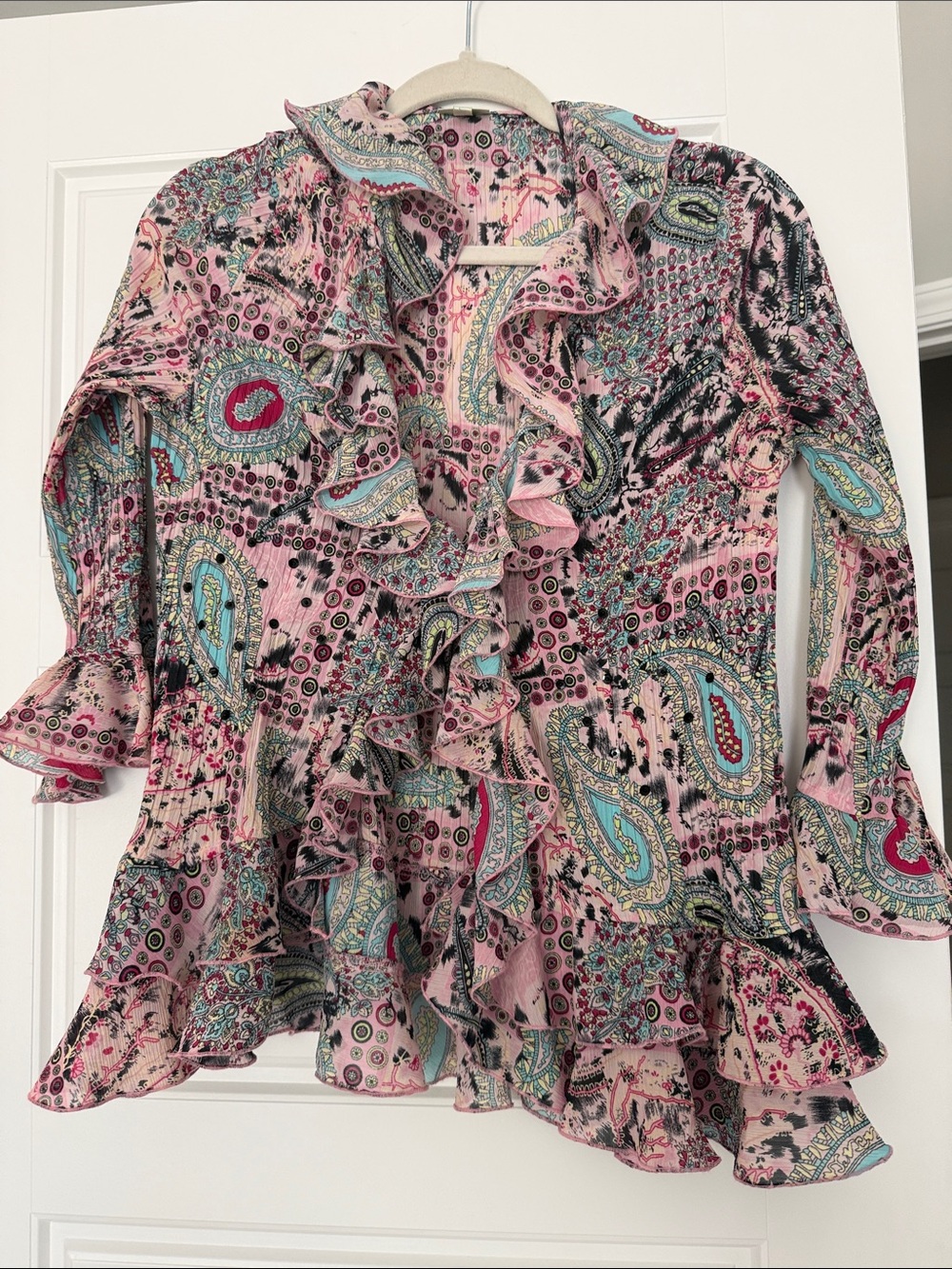 Agora Pink Multi-Paisley Ruffle Blouse